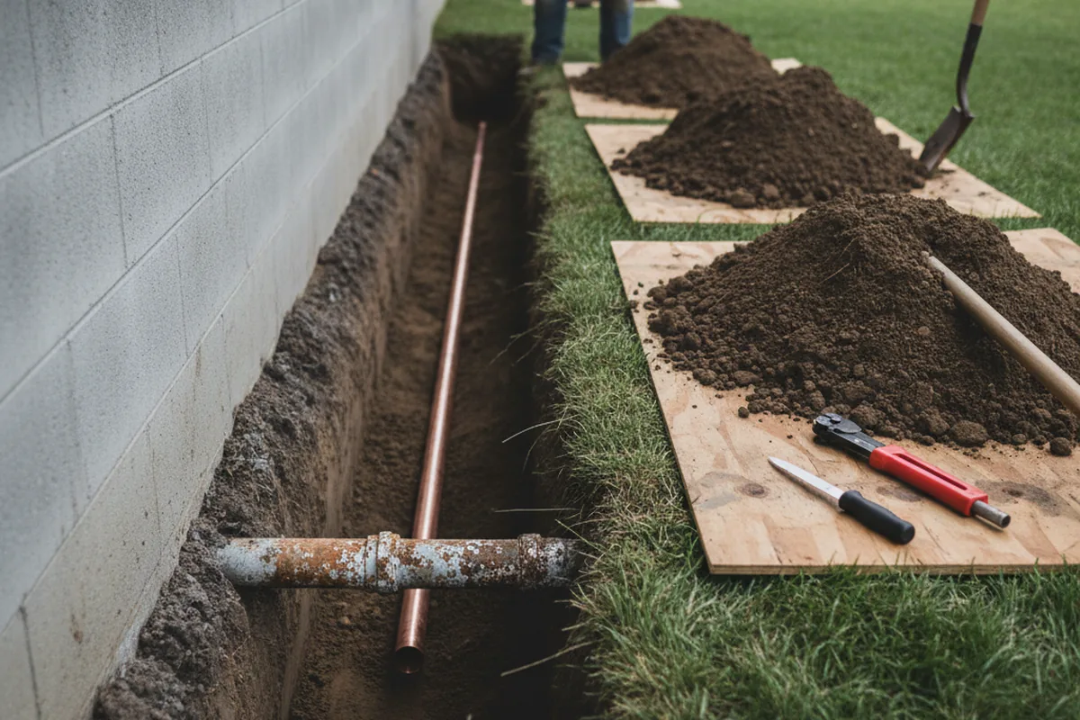 Excavated water line trench during Sewer Line Repair in Alverda
